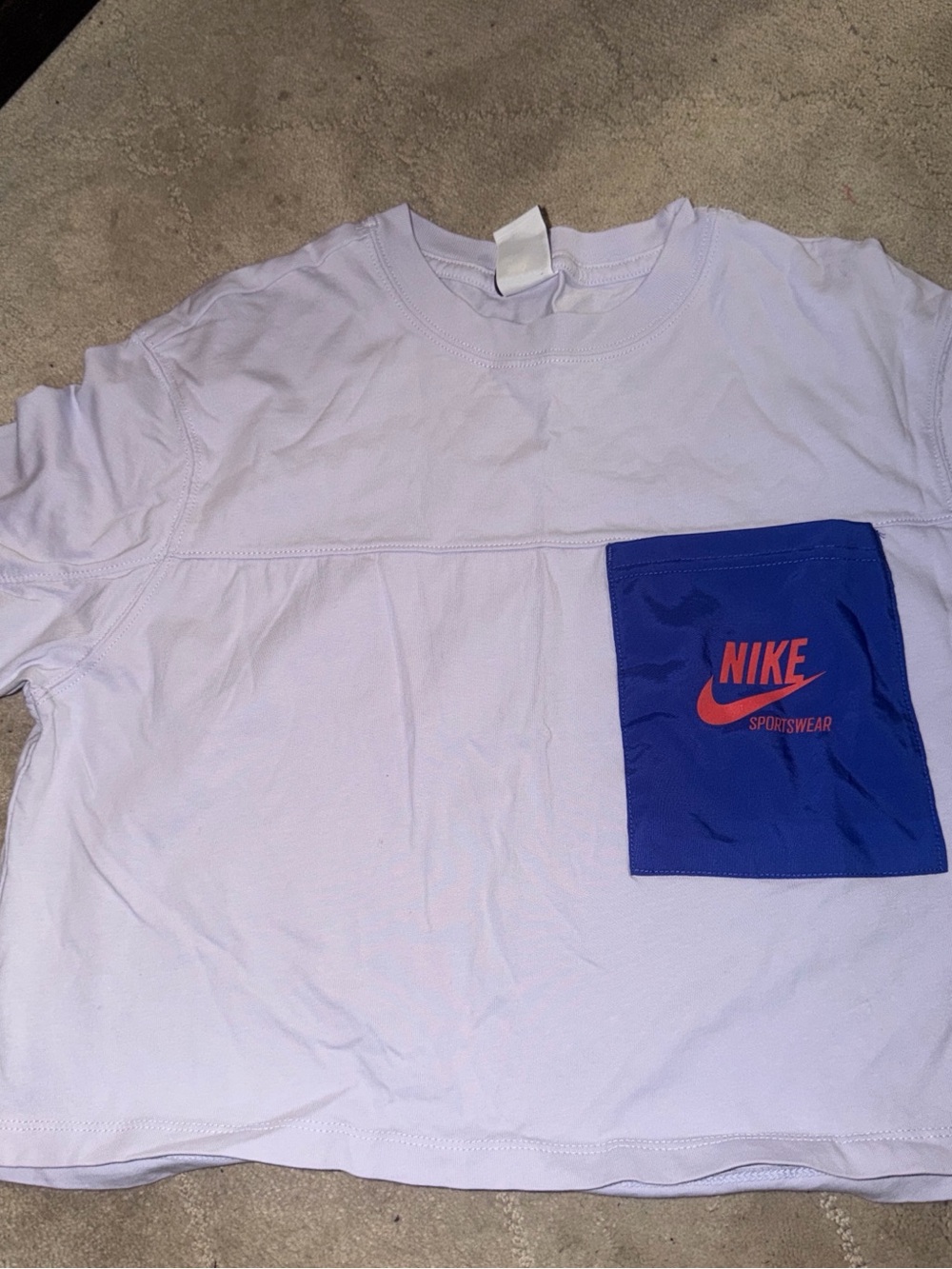 Nike Lavender Tee with Royal Blue Pocket and Orange Logo
